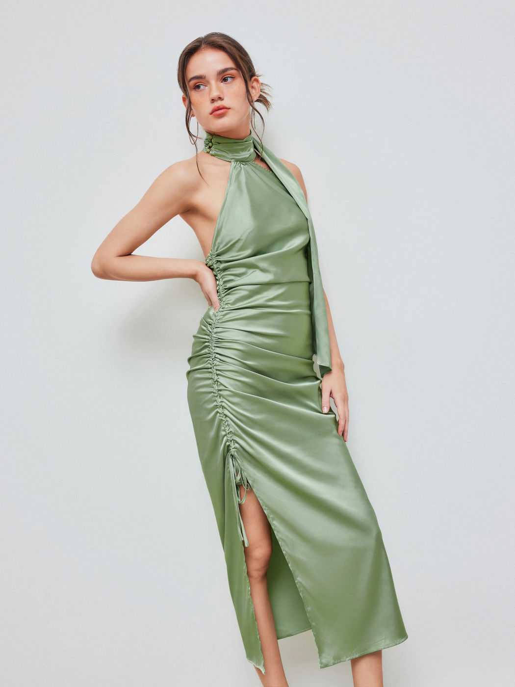 Satin Halter Solid Drawstring Ruched Split Midi Dress