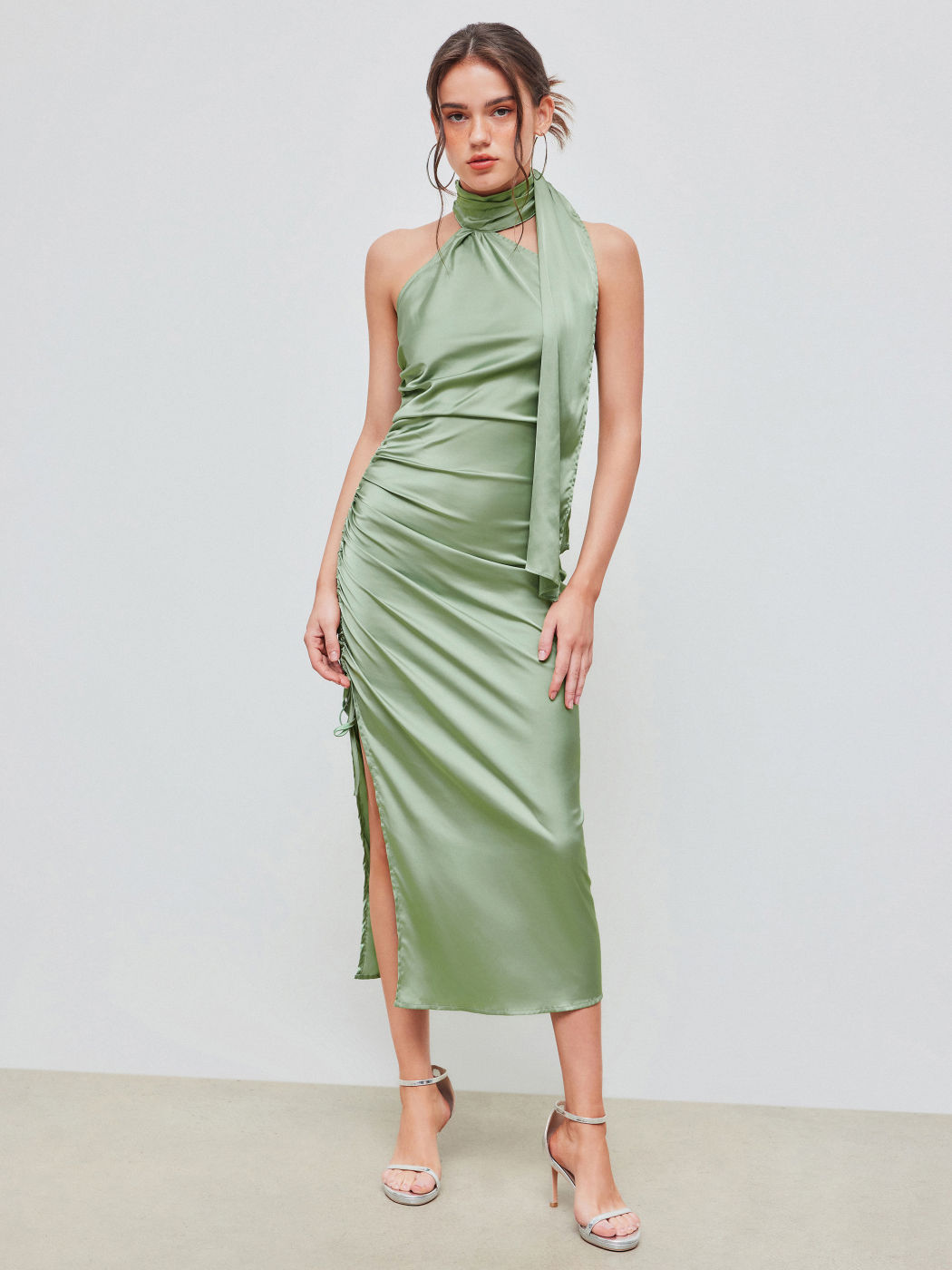 Satin Halter Solid Drawstring Ruched Split Midi Dress