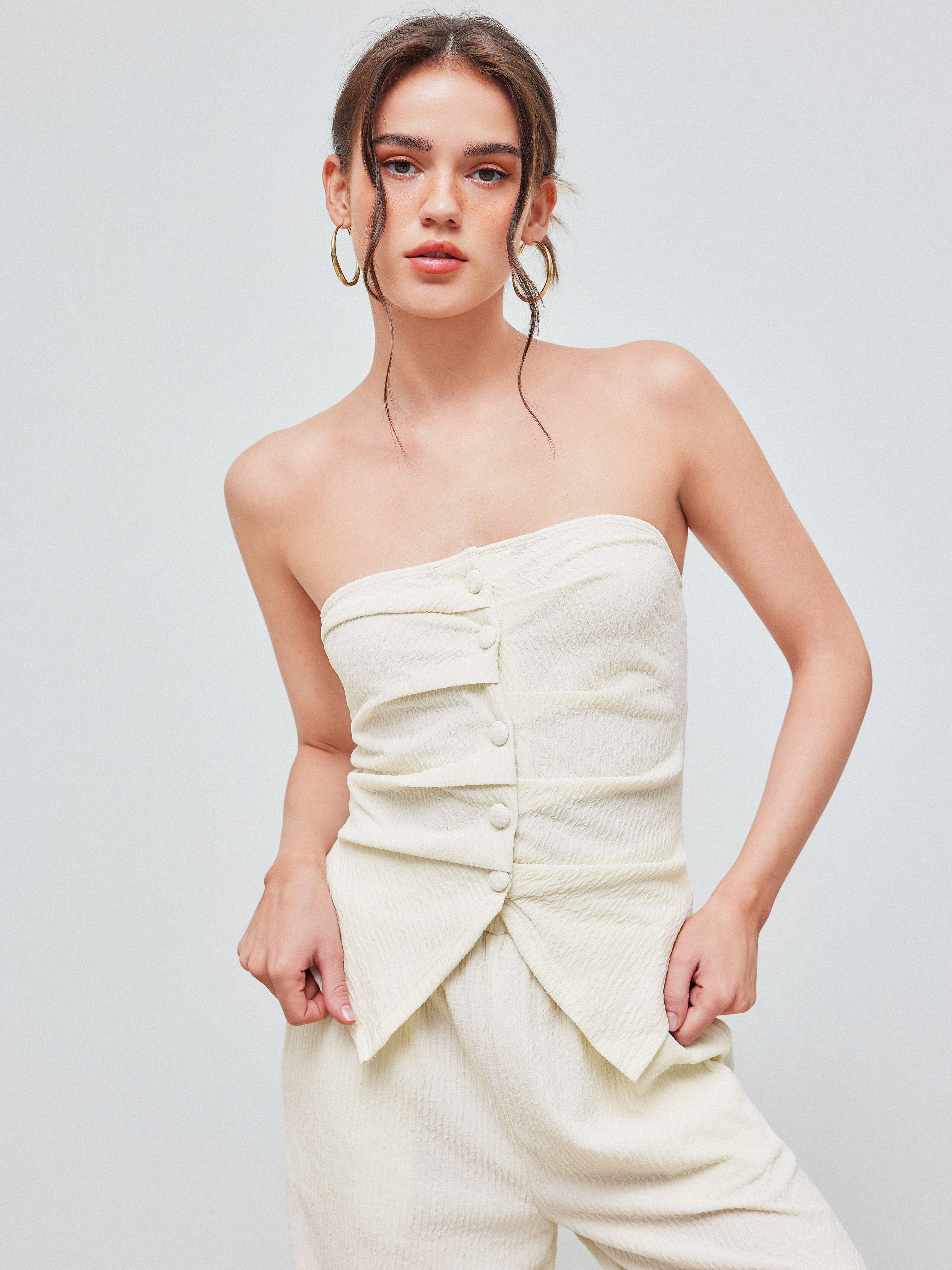 Woven Solid Texture Button Tube Top For Party/Clubbing
