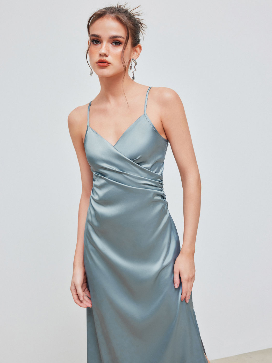 Solid Satin Slit Midi Dress