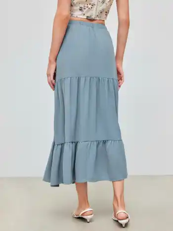 Einfarbiges Maxi-Strick-Skirt mit elastischem Bund und gekräuseltem Saum