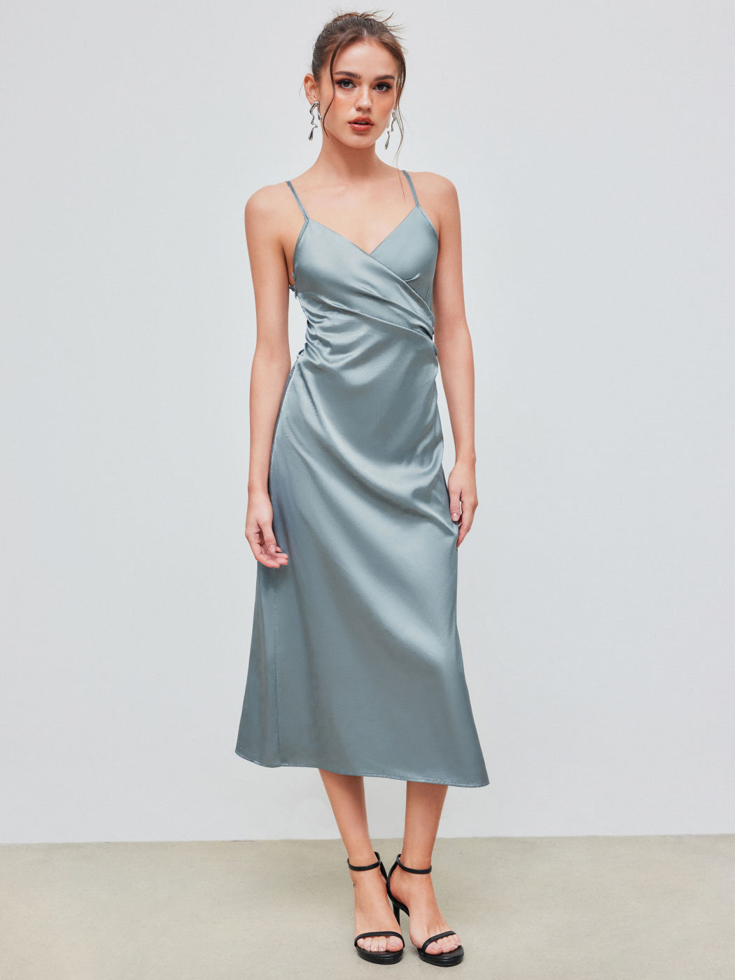 Solid Satin Slit Midi Dress