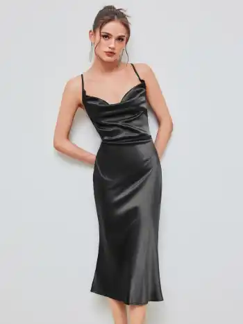 Satin Wasserfallkragen Ärmelloses Meerjungfrau Midikleid