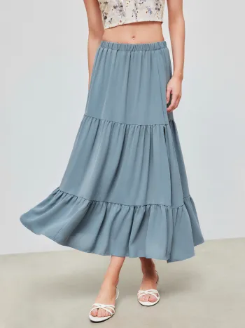 Einfarbiges Maxi-Strick-Skirt mit elastischem Bund und gekräuseltem Saum