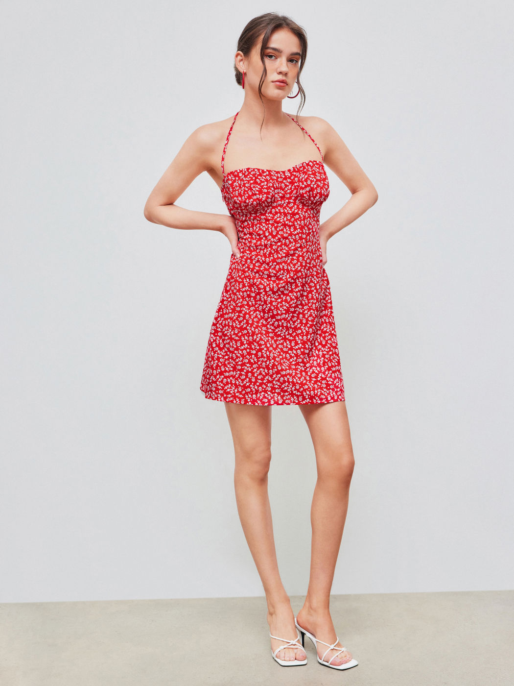 Halter Ditsy Floral Reißverschluss Minikleid