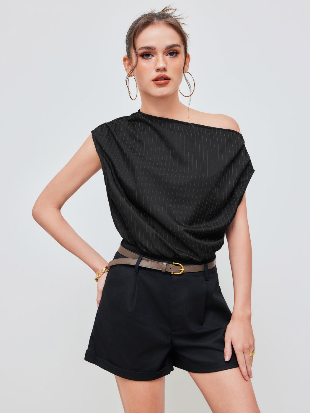 Woven Asymmetrical Neck Striped Bodysuit