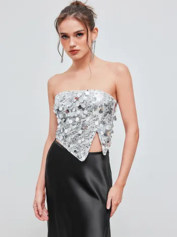 Sequin Asymmetrical Split Tube Crop Top