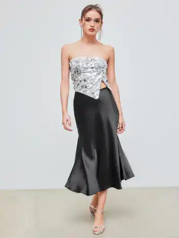 Sequin Asymmetrical Split Tube Crop Top