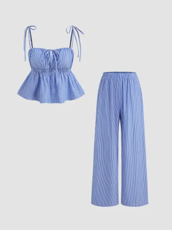 Square Neck Striped Knotted Crop Cami Top With High Rise Striped Wide Leg Trousers