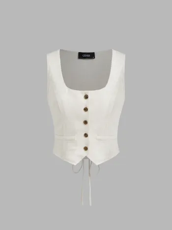 Linen-blend Scoop Neckline Solid Knotted Button Crop Tank Top