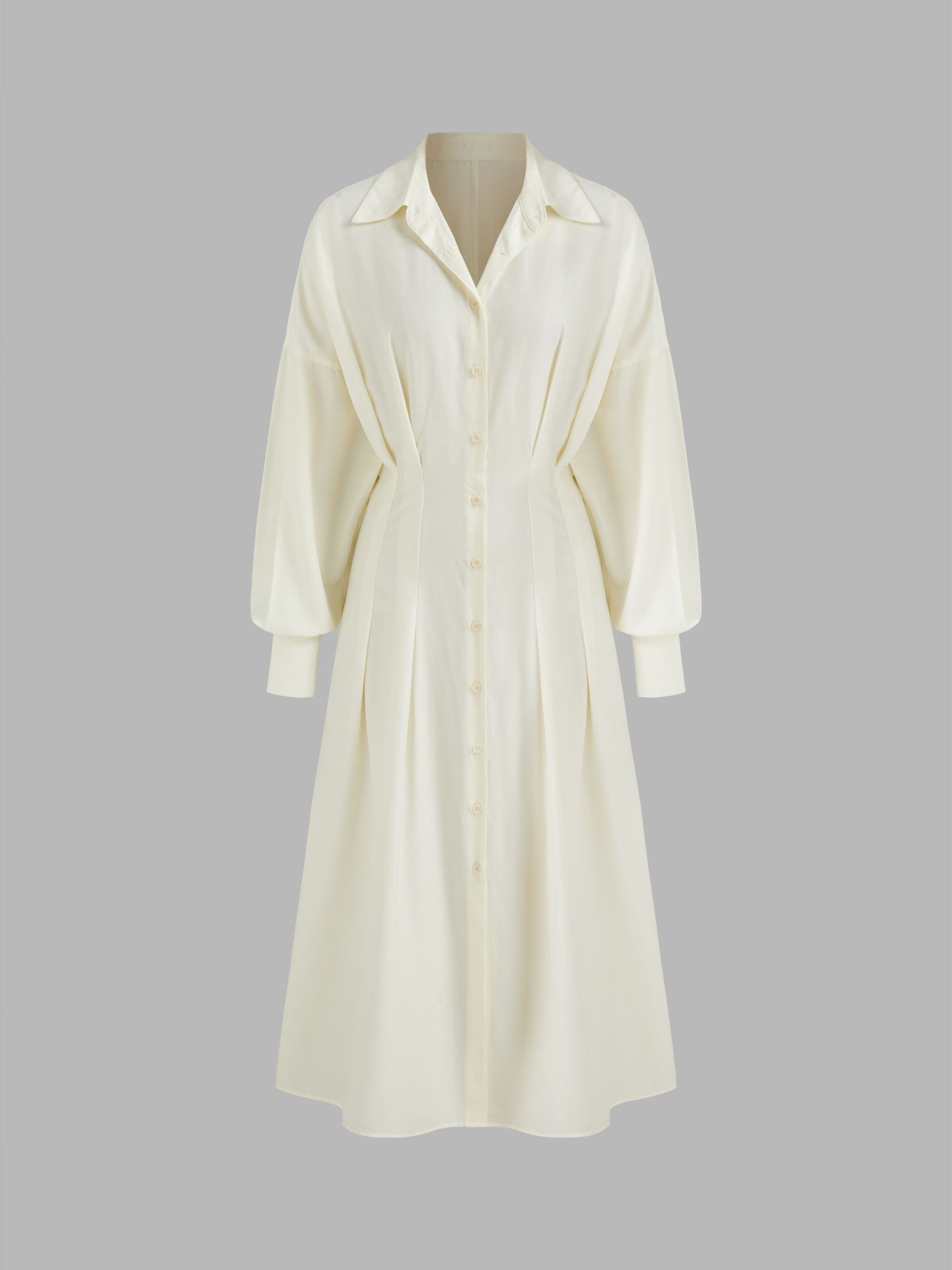 Collar Solid Pleated Button Midi Shirt Dress