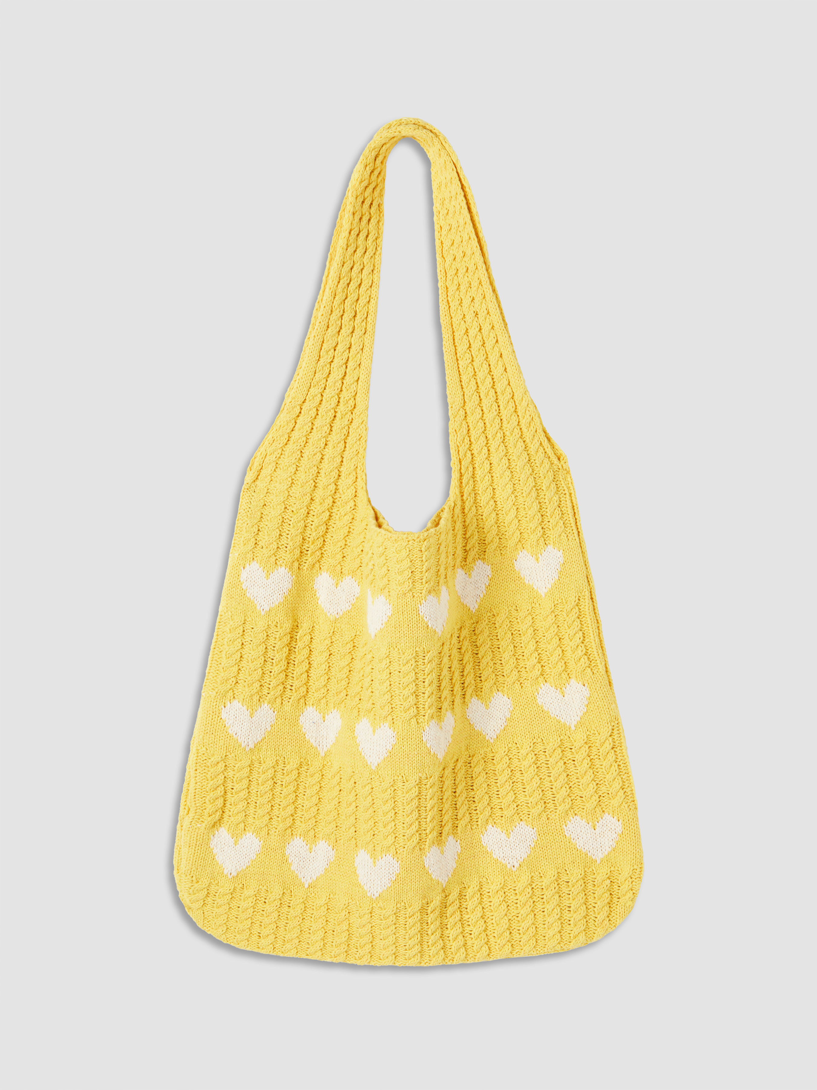 Strawberry Milk Knit Fabric Heart Pattern Braided Tote Bag Strawberry Milk Knit Fabric Heart Pattern Braided Tote Bag