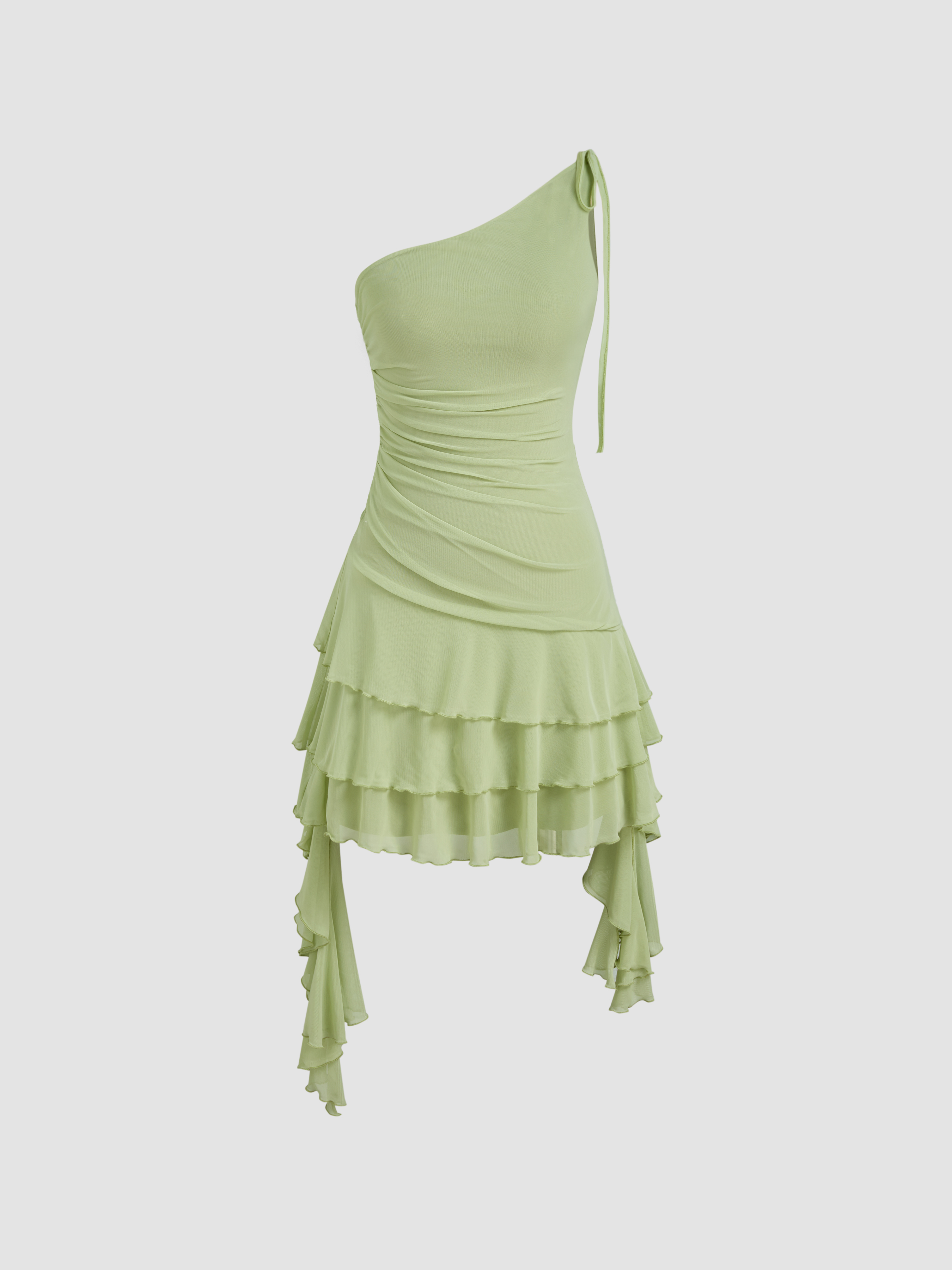 Cider◆メッシュ◆アシンメトリーネック◆ドレス[送料込] Mesh Mesh Asymmetrical Neck Solid Layered Ruffle Hem Mini