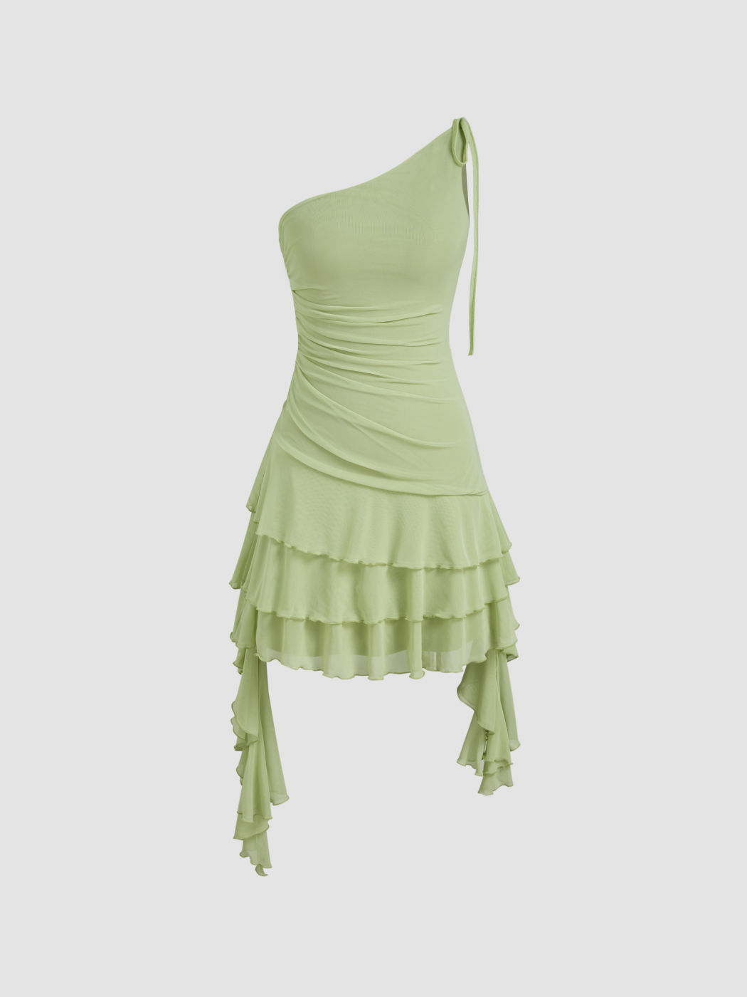 Mesh Asymmetrical Neck Solid Layered Ruffle Hem Mini Dress