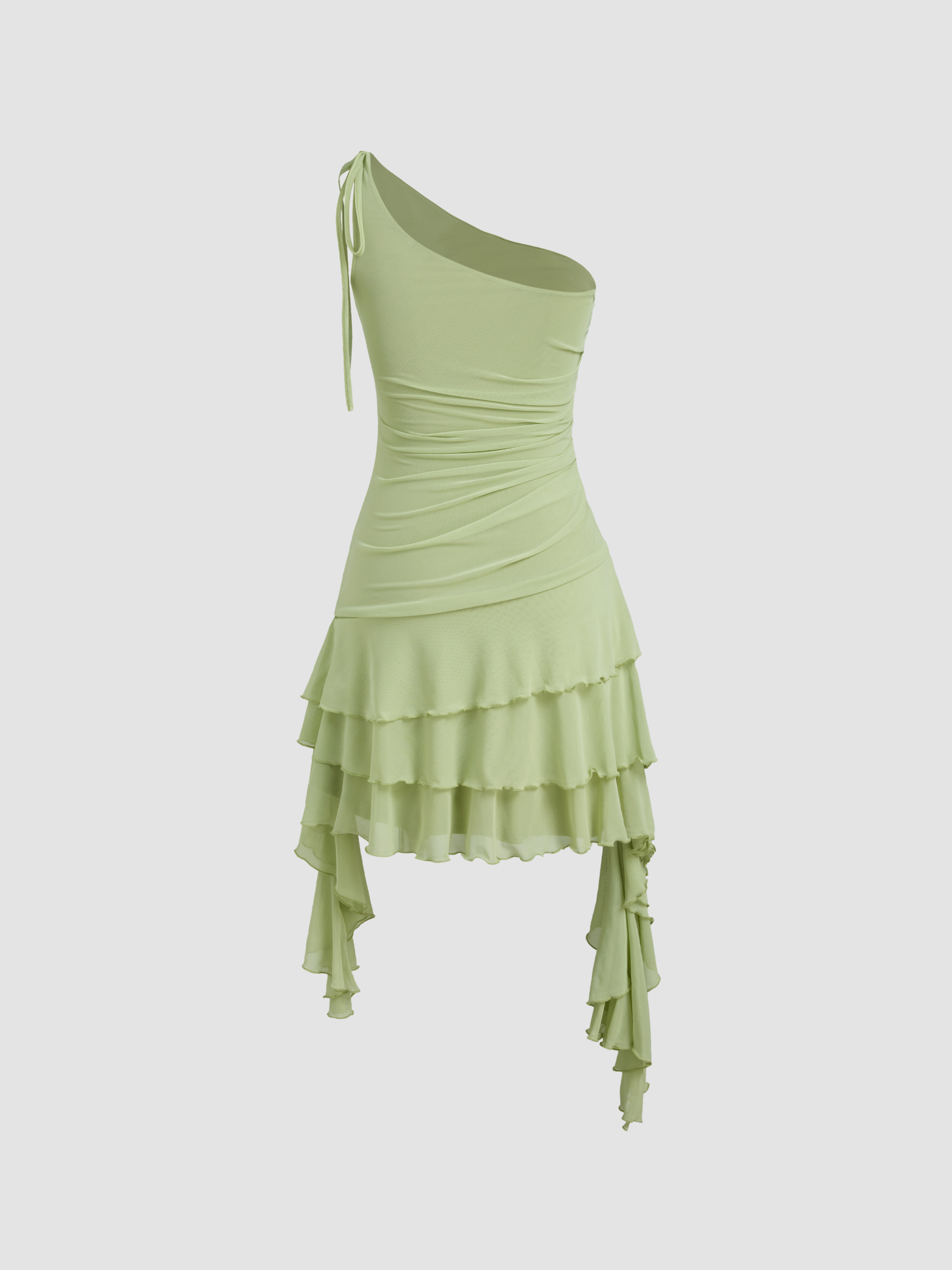 Mesh Mesh Asymmetrical Neck Solid Layered Ruffle Hem Mini