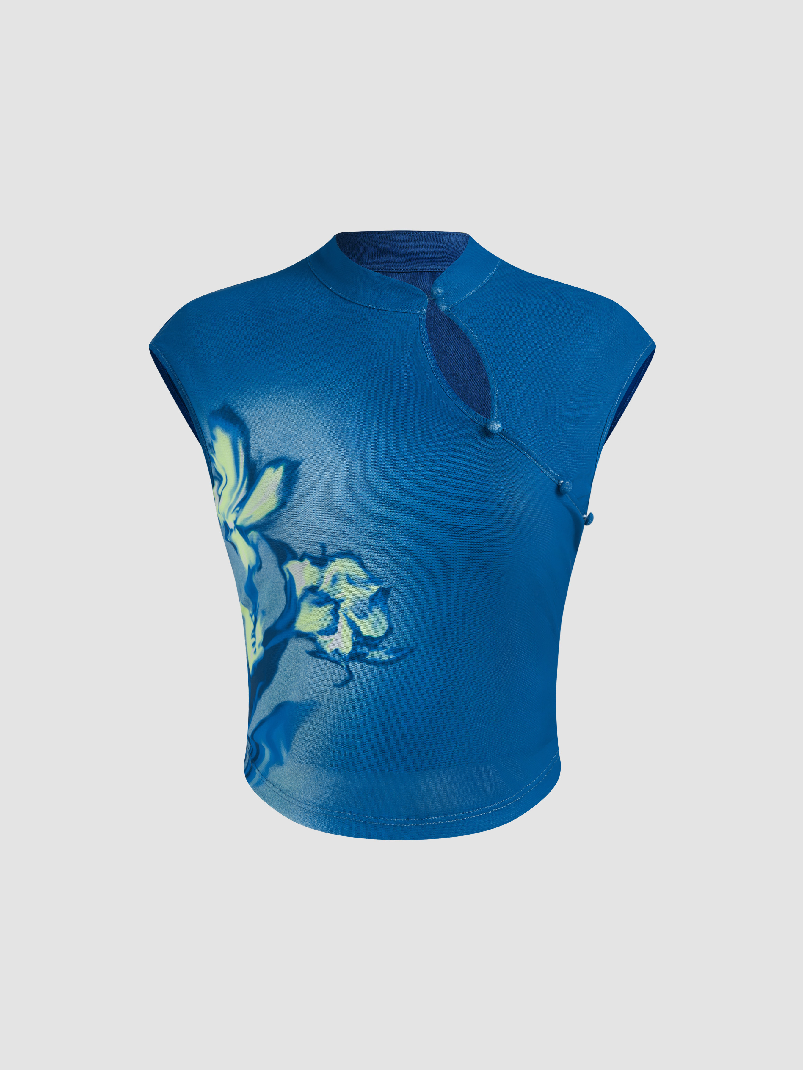 Multi Floral Print Mandarin Collar Bell Sleeve Shirt Style Top
