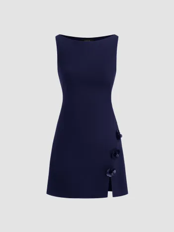 Boat Neck Floral Split Mini Dress
