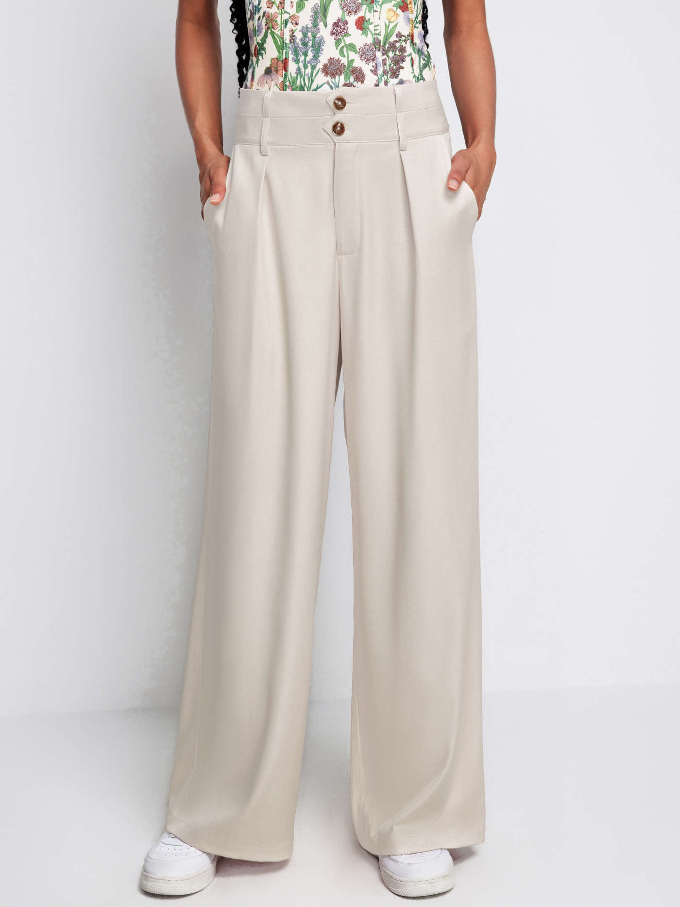 Button Mid Waist Wide Leg Pants