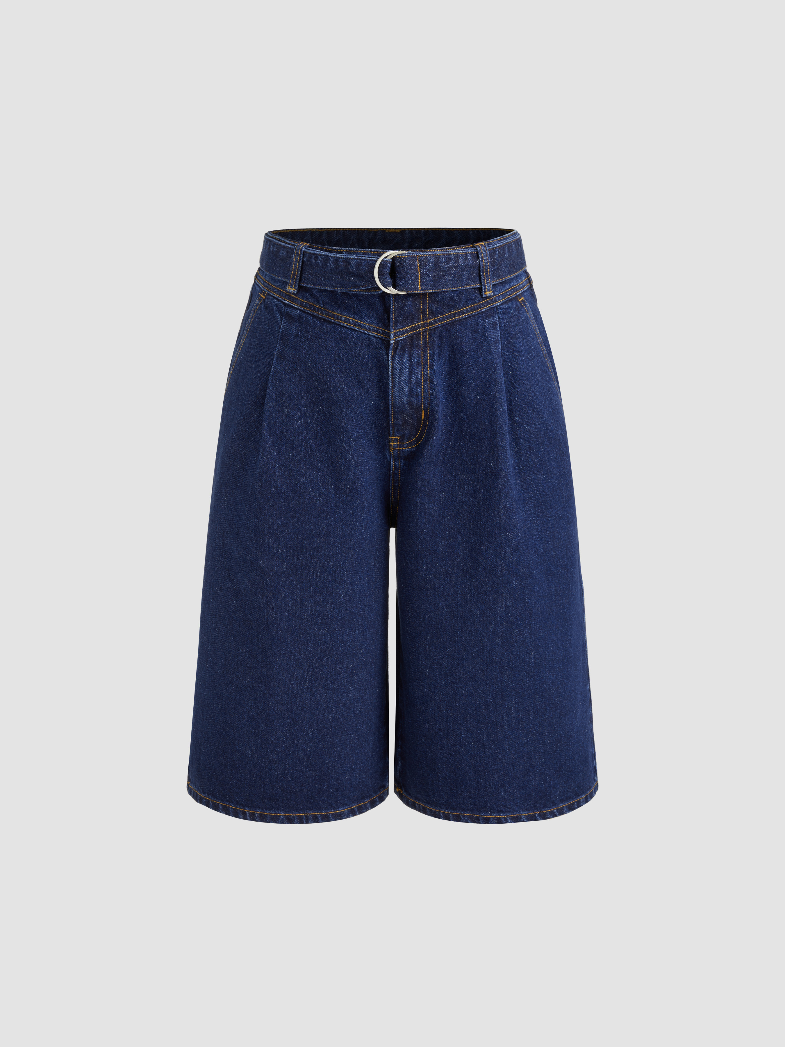 Denim Denim Mid Rise Solid Baggy Jorts With Belt For School