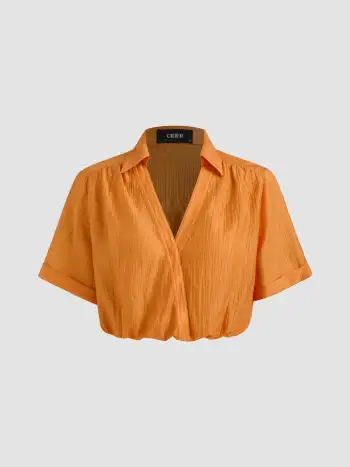 Knit Fabric Round Neck Solid Ruched Short Sleeve Tee For Daily Casual