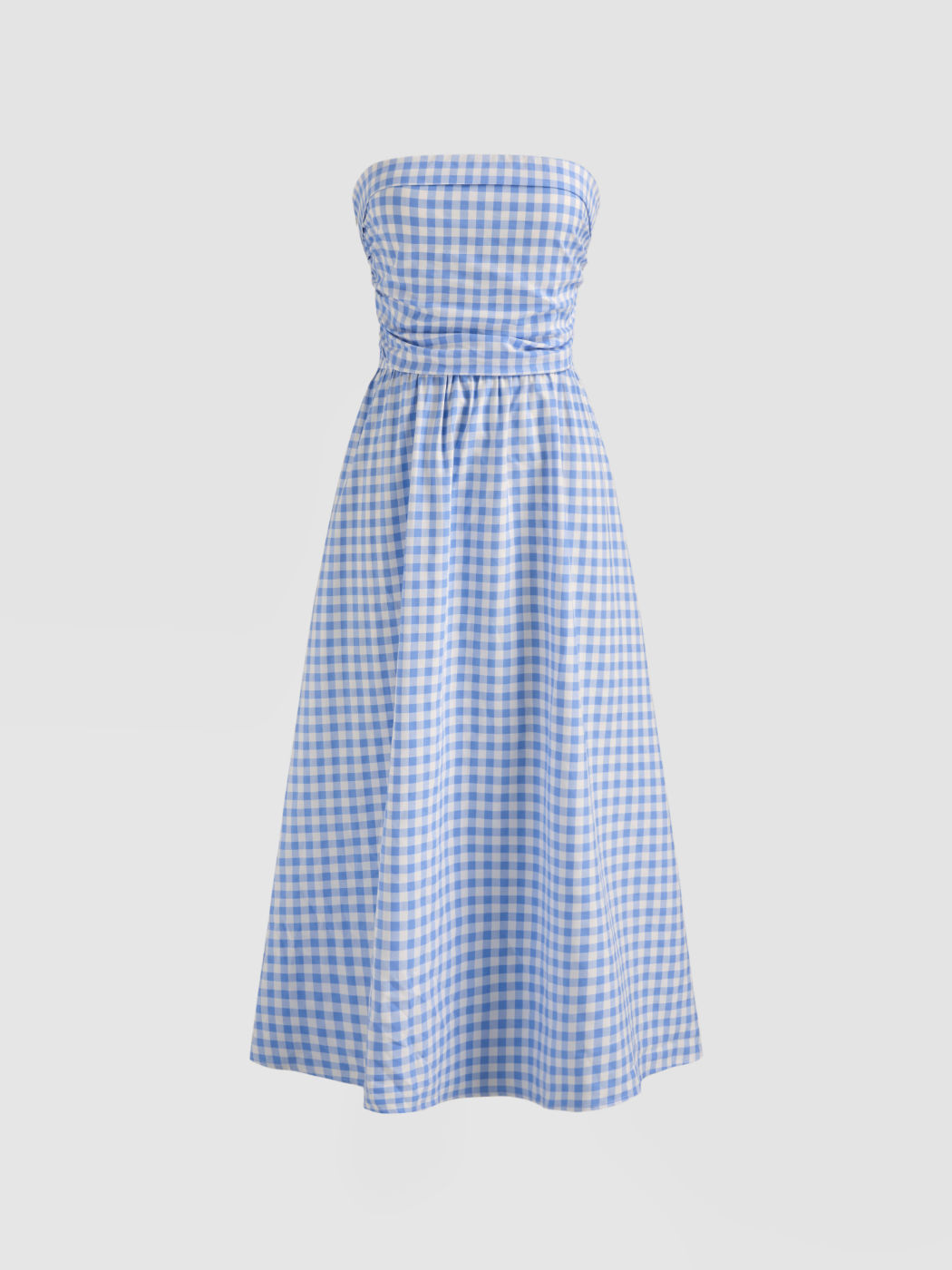 Tube Gingham Ruffle Shirred Zipper Midi Dress