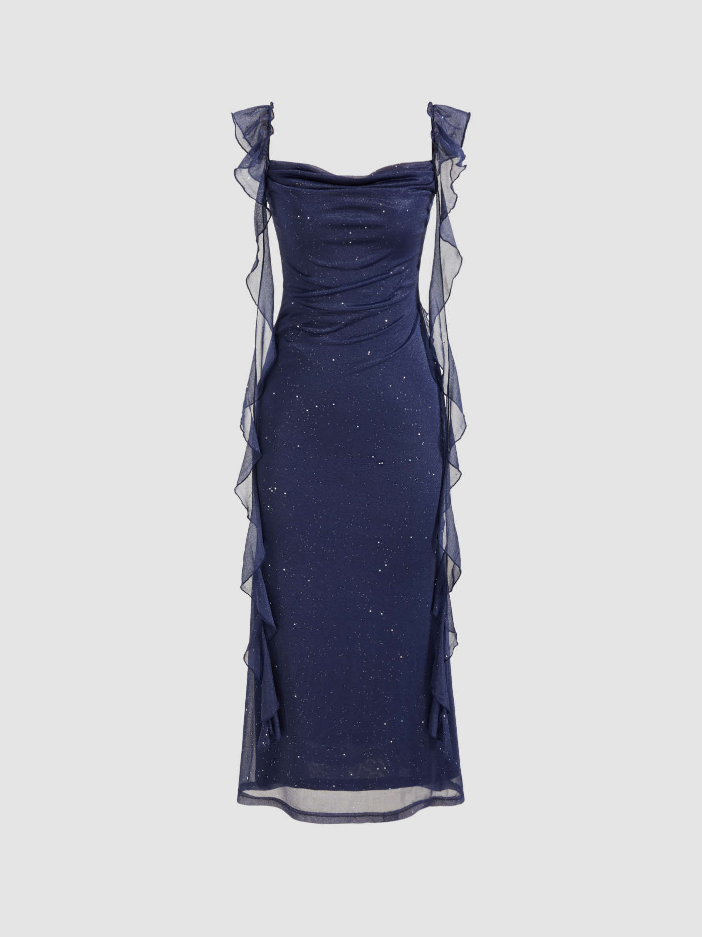 Cowl Neck Solid Sequin Ruffle Hem Maxi Dress