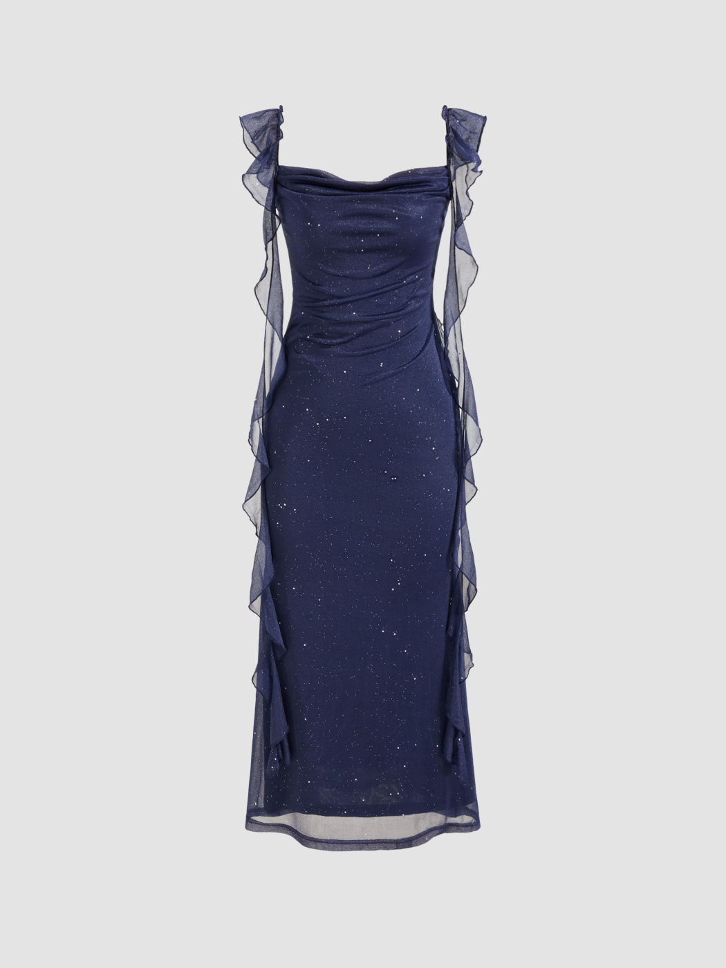 Maxikleid mit Rundhalsausschnitt, einfarbigem Glitzerstoff und Spitzenrand