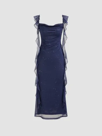 Cowl Neck Solid Glitter Ruffle Hem Maxi Dress