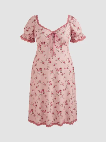 Square Neck Strawberry Graphic Contrasting Lace Trim Midi Dress Curve & Plus