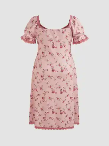 Square Neck Strawberry Graphic Contrasting Lace Trim Midi Dress Curve & Plus