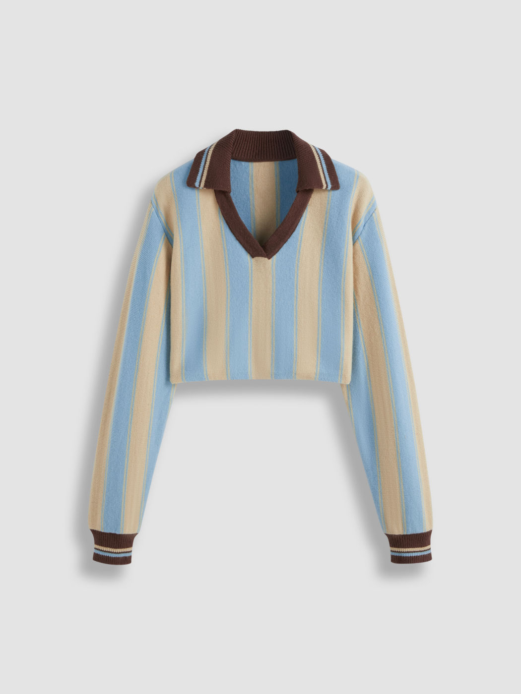 Knit Polo Striped Crop Long Sleeve Top