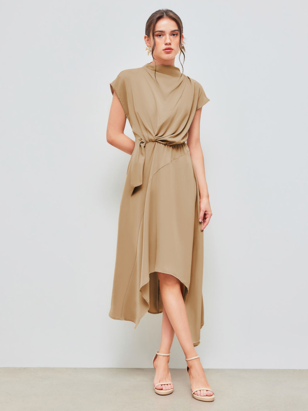 Woven High Neck Solid Twist Maxi Dress
