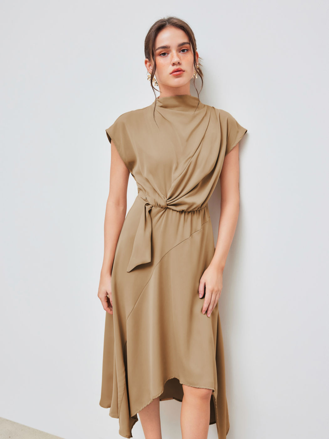 Woven High Neck Solid Twist Maxi Dress