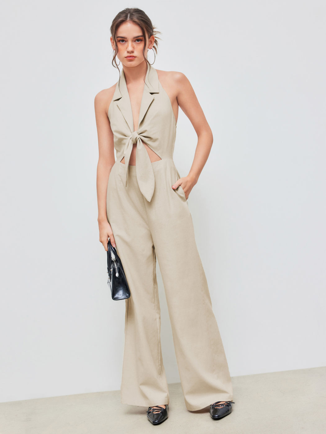 Linen-blend Halter Solid Knotted Shirred Jumpsuit