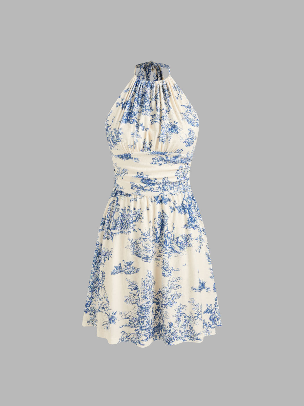 Halter-Ausschnitt Toile de Jouy Kurzes Kleid
