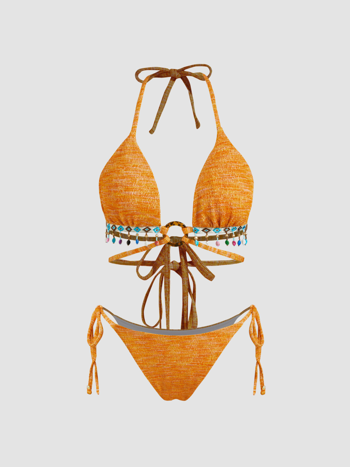 Halter Tie Side Beaded Tassel O-Ring Bikini Swimsuit