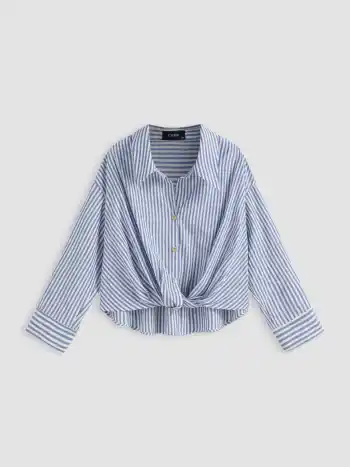 Cotton-blend Collar Striped Knotted Roll-up Long Sleeve Shirt Curve & Plus