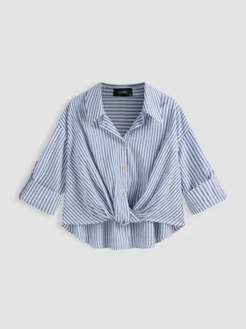 Cotton-blend Collar Striped Knotted Roll-up Long Sleeve Shirt Curve & Plus