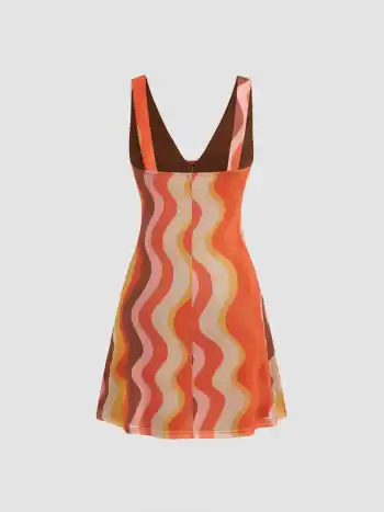 Mesh V-Ausschnitt Abstrakte Welle Geknotetes Kurzes Kleid
