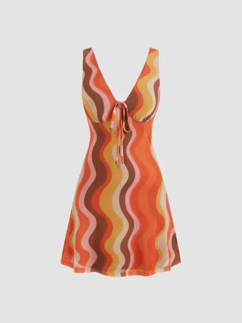 Mesh V-Ausschnitt Abstrakte Welle Geknotetes Kurzes Kleid