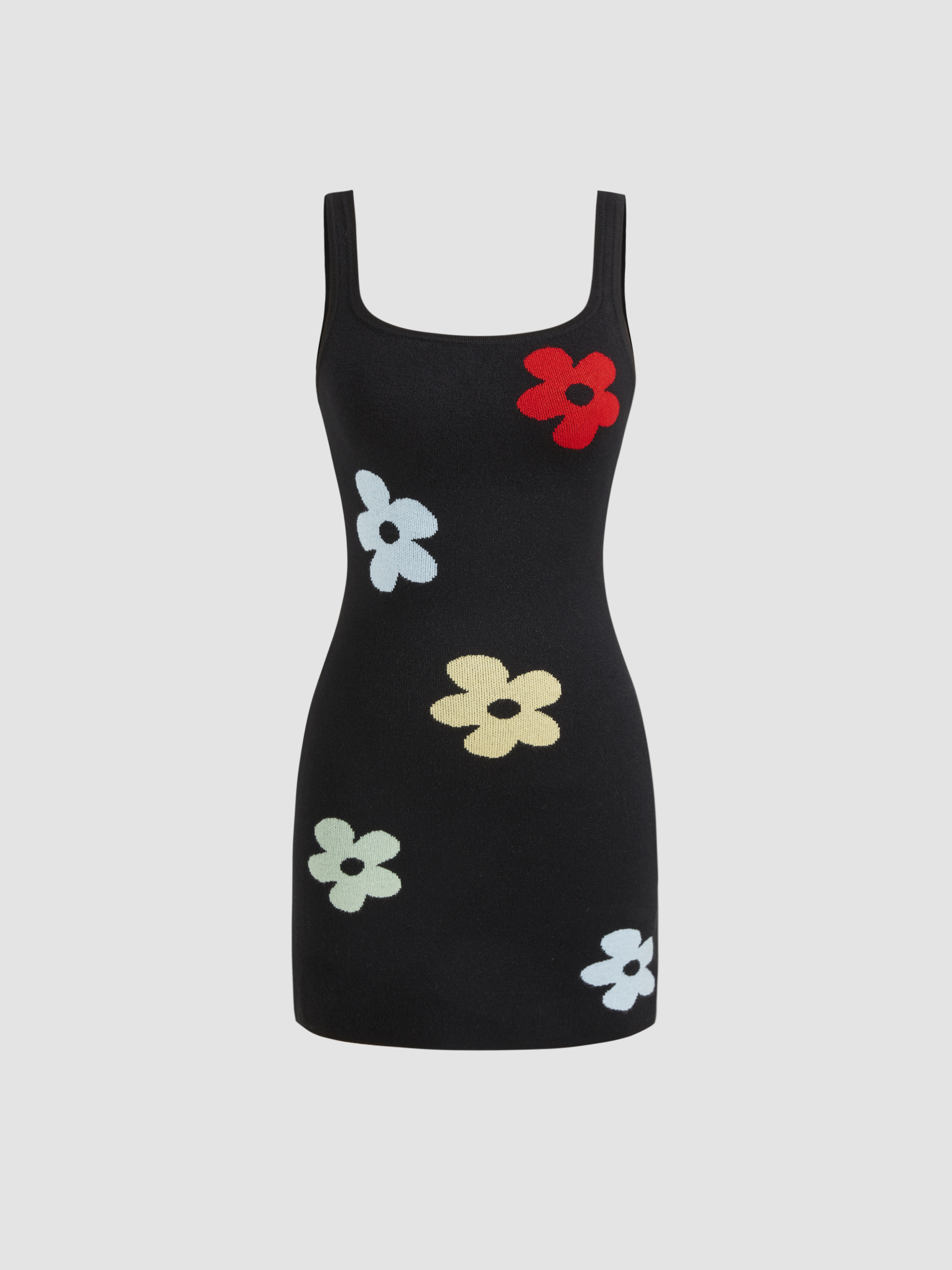 Fall Dresses Knit Fabric Knit Square Neck Floral Mini Dress