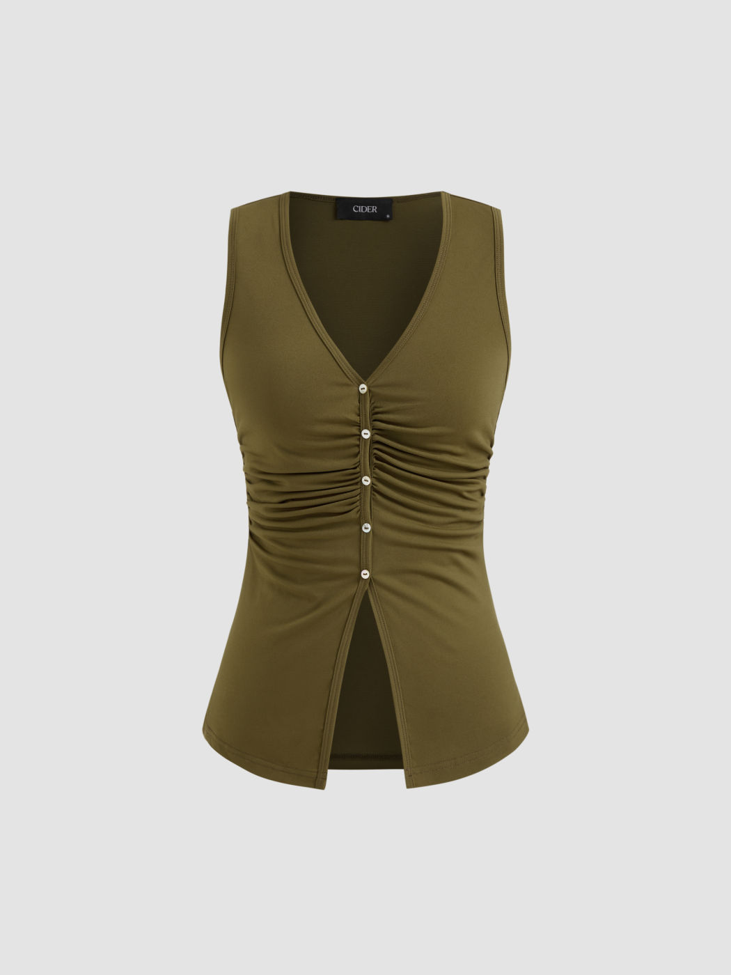 V-neck Solid Ruched Split Button Tank Top