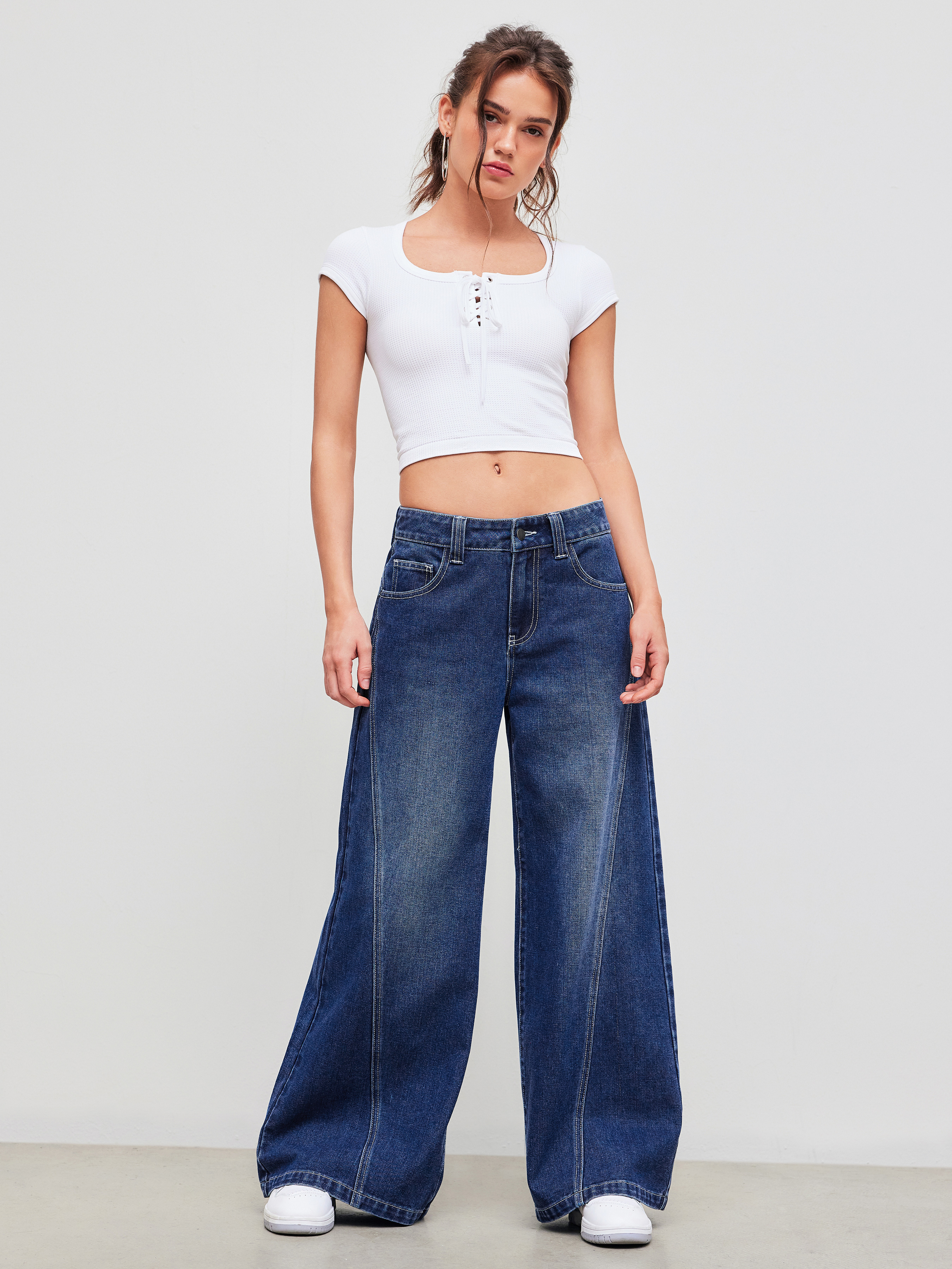 Denim Denim Low Rise Solid Pocket Wide Leg Jeans For Daily