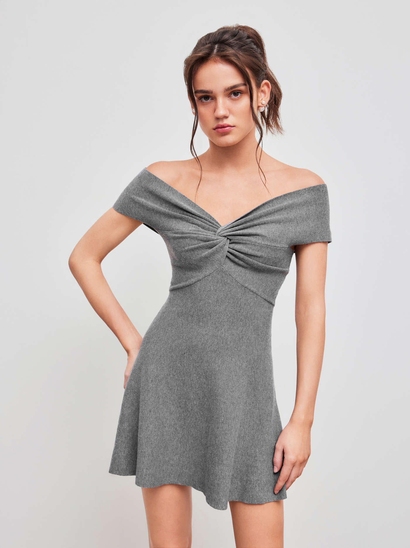 Knit Off-shoulder Solid Twist Mini Dress