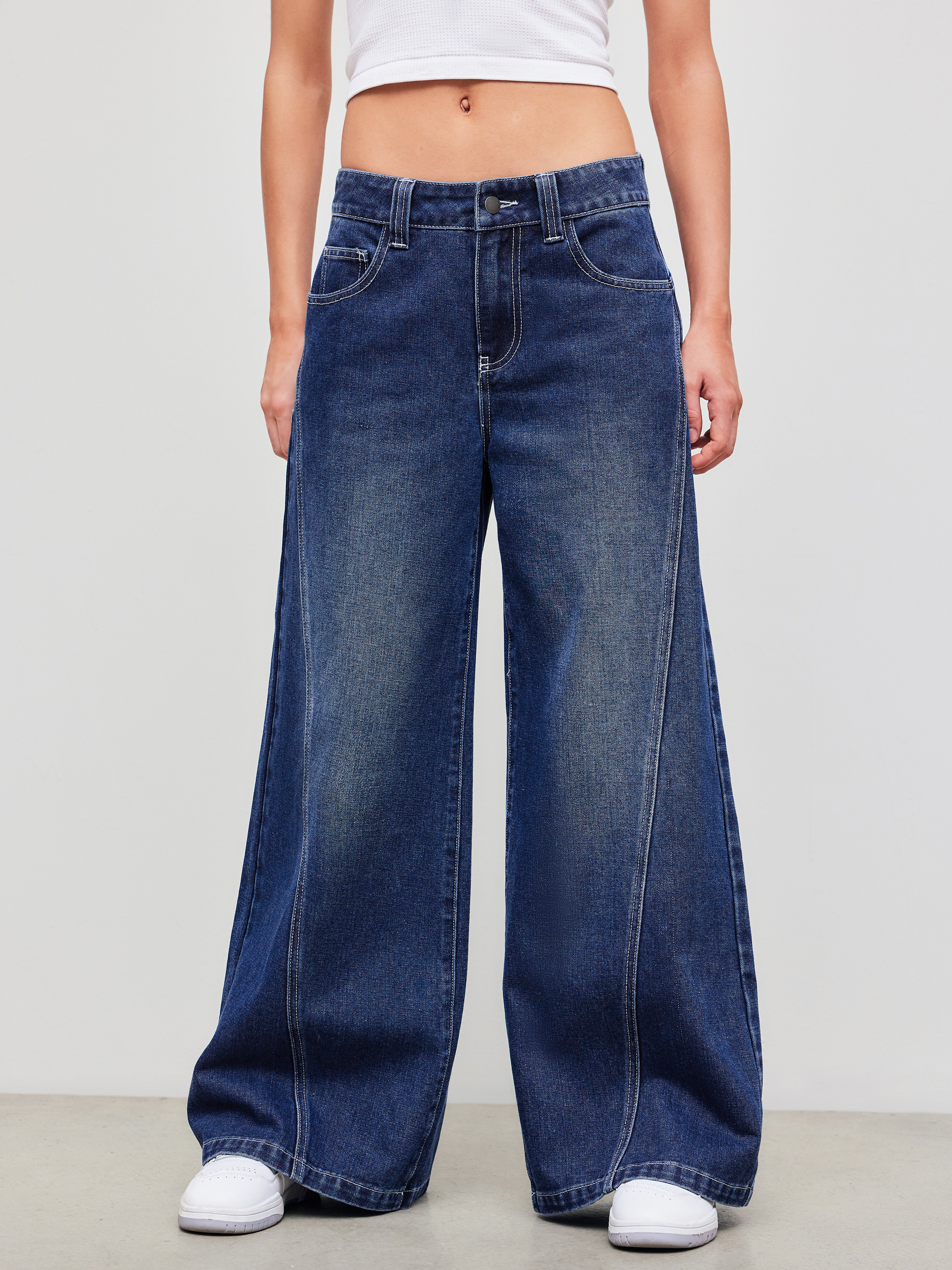 【COLOR iN ID】Pocket washed wide denim Shape Indigo Vintage Wash Denim Wide Leg Jeans | Shape