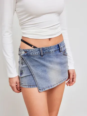 High Stretch Denim Mid Rise Solid Micro Skort