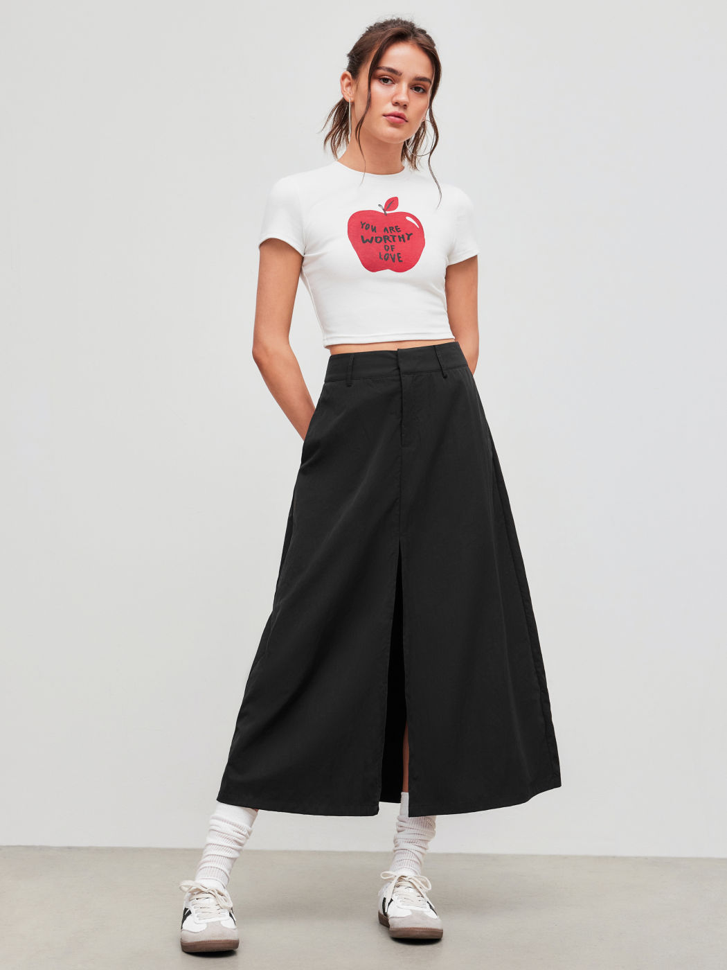 Mid Rise Solid Split Maxi Skirt