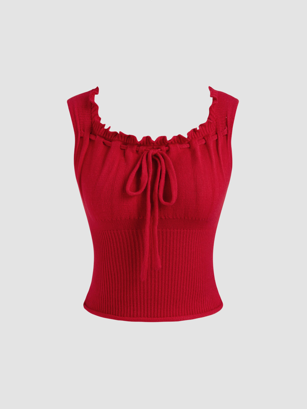 Knit Solid Lettuce Trim Knotted Crop Top