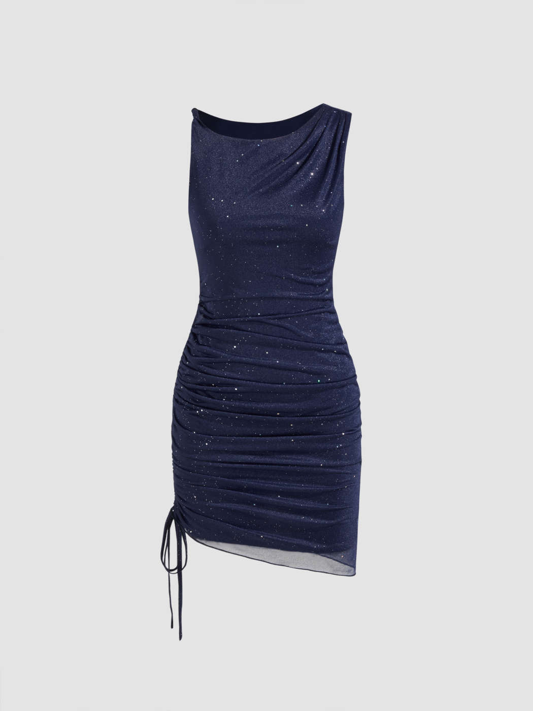 Mesh Mesh Asymmetrical Neck Solid Glitter Drawstring Mini Dress