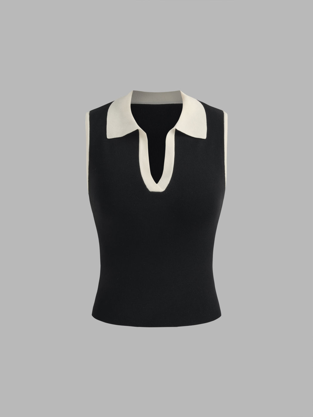 Knit Polo Collar Contrasting Binding Crop Tank Top